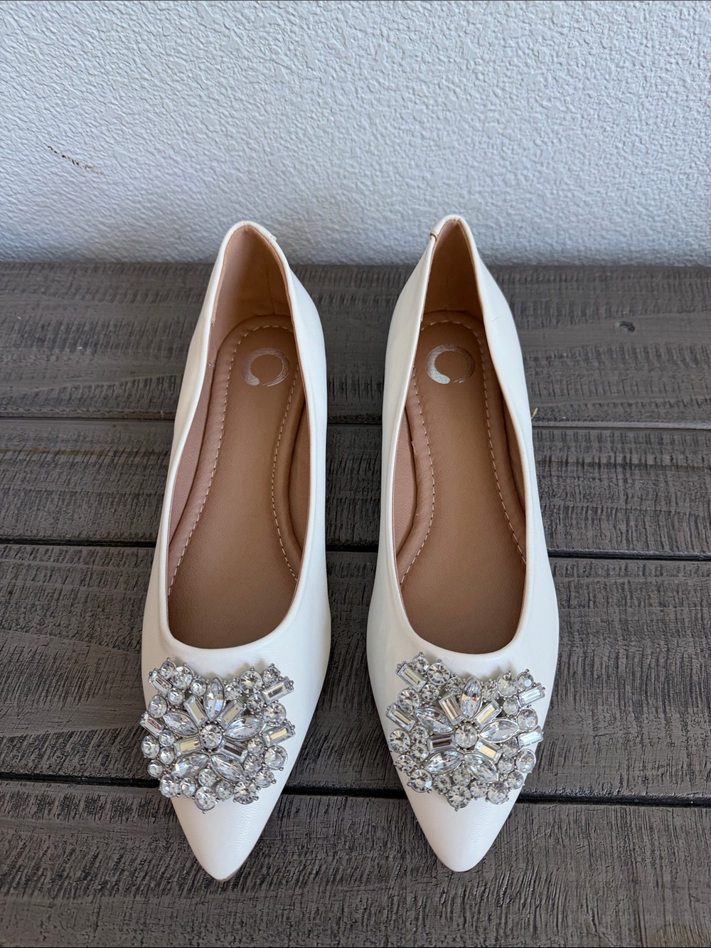 Journee Collection White Pointed-Toe Flats with Crystal Brooch